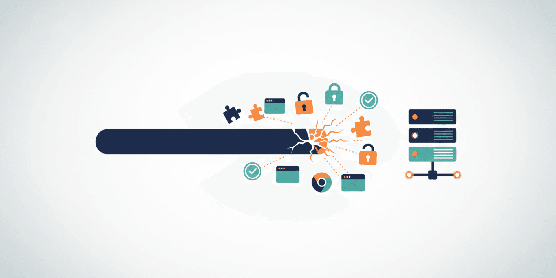 Flat design illustration of a progress bar cracking at 80 percent with scattered puzzle pieces representing security testing and edge cases