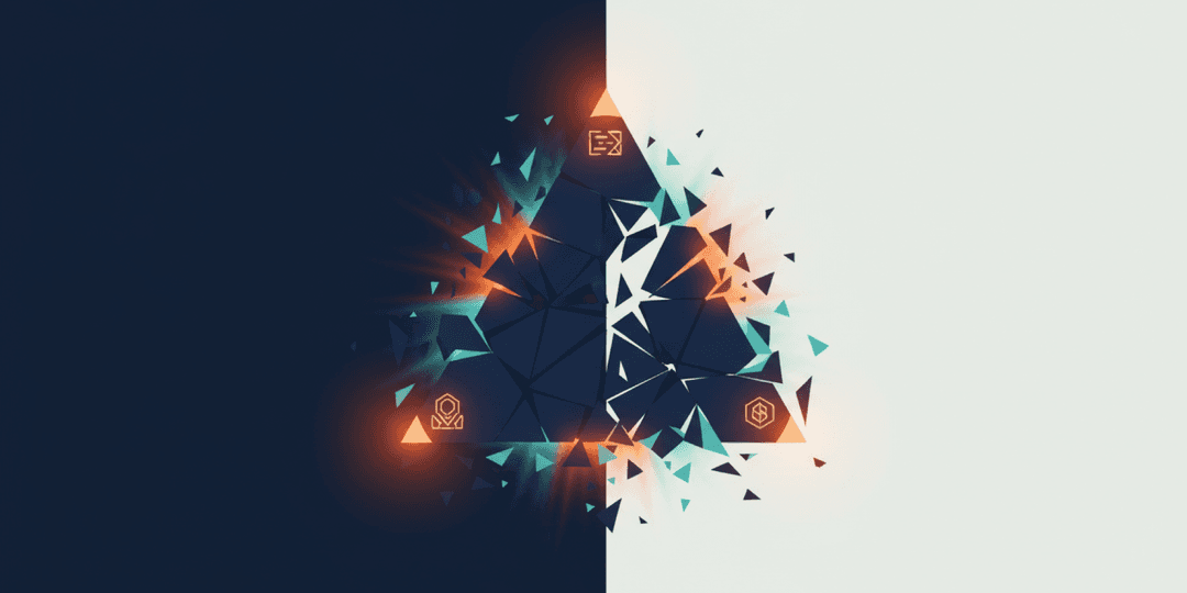 Abstract geometric illustration of the iron triangle of software development fragmenting as AI transforms the quality speed and cost equation