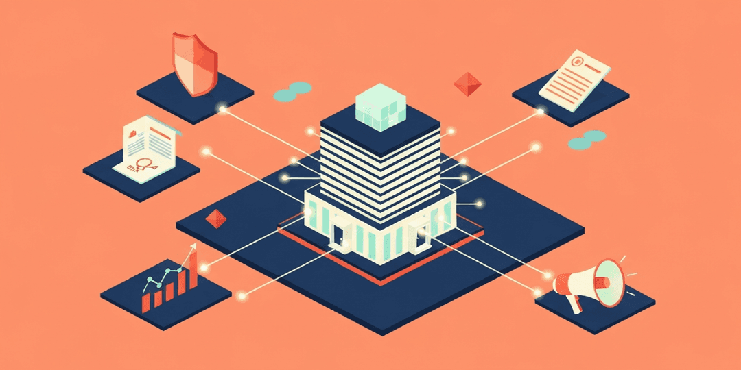 Isometric illustration of a modern agency building with AI neural network connections radiating to business functions