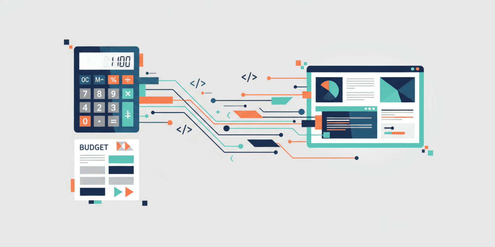 Abstract geometric illustration showing budget planning transitioning into a polished software product