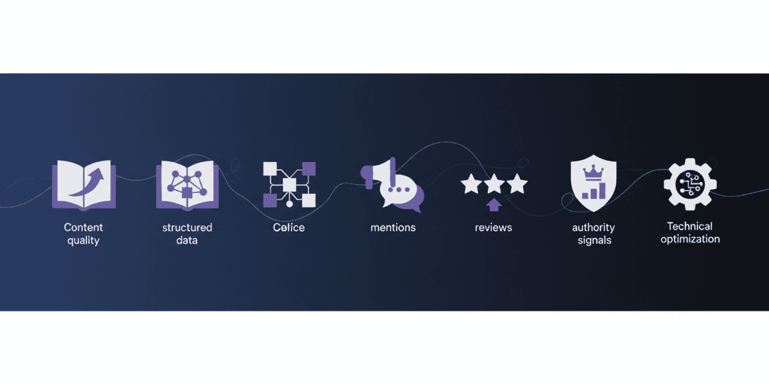 Flat illustration of GEO strategy icons including content quality, structured data, and reviews