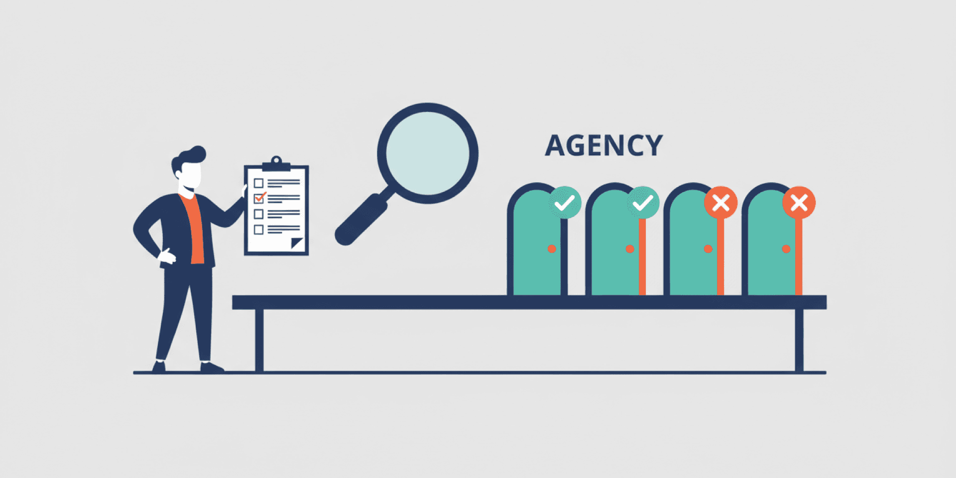 Business owner with checklist interviewing development agencies, some with green checkmarks and red X marks