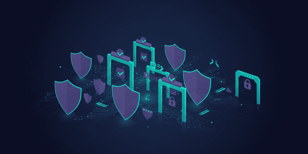 Abstract geometric illustration of layered shield gates and checkpoints protecting code on a dark navy background