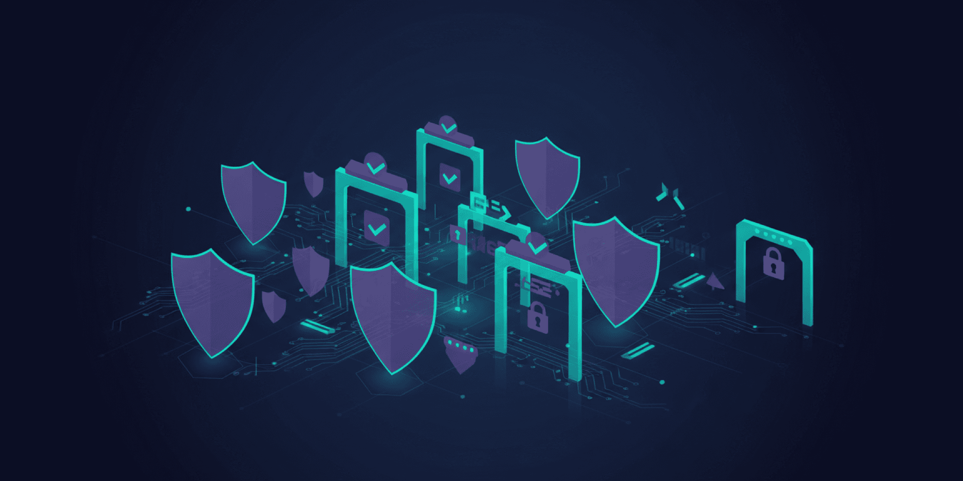 Abstract geometric illustration of layered shield gates and checkpoints protecting code on a dark navy background