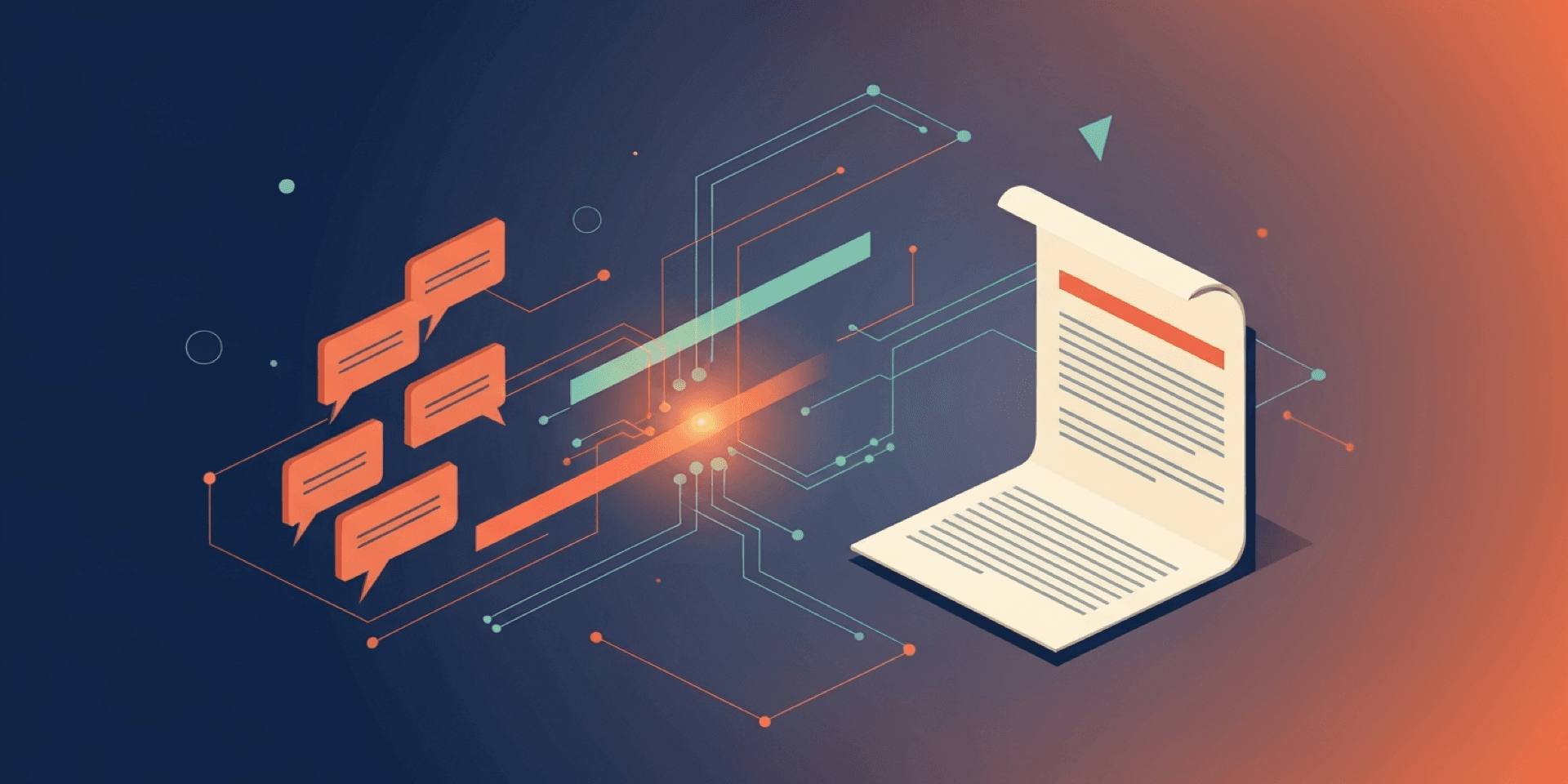 Isometric illustration of meeting speech bubbles transforming through an AI pipeline into a professional proposal document