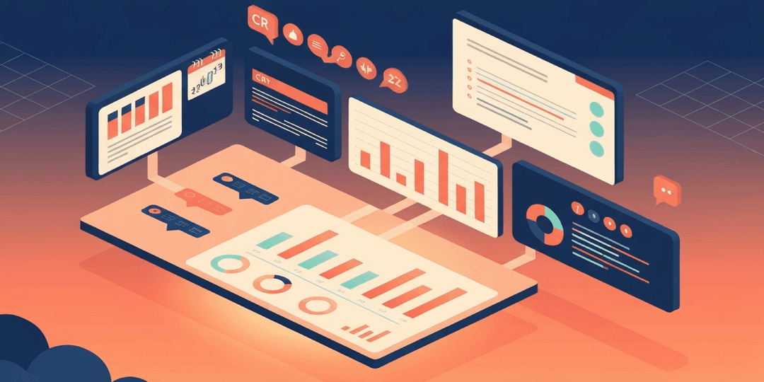 Isometric illustration of an executive dashboard aggregating data streams from CRM, calendar, and financial sources into a morning briefing