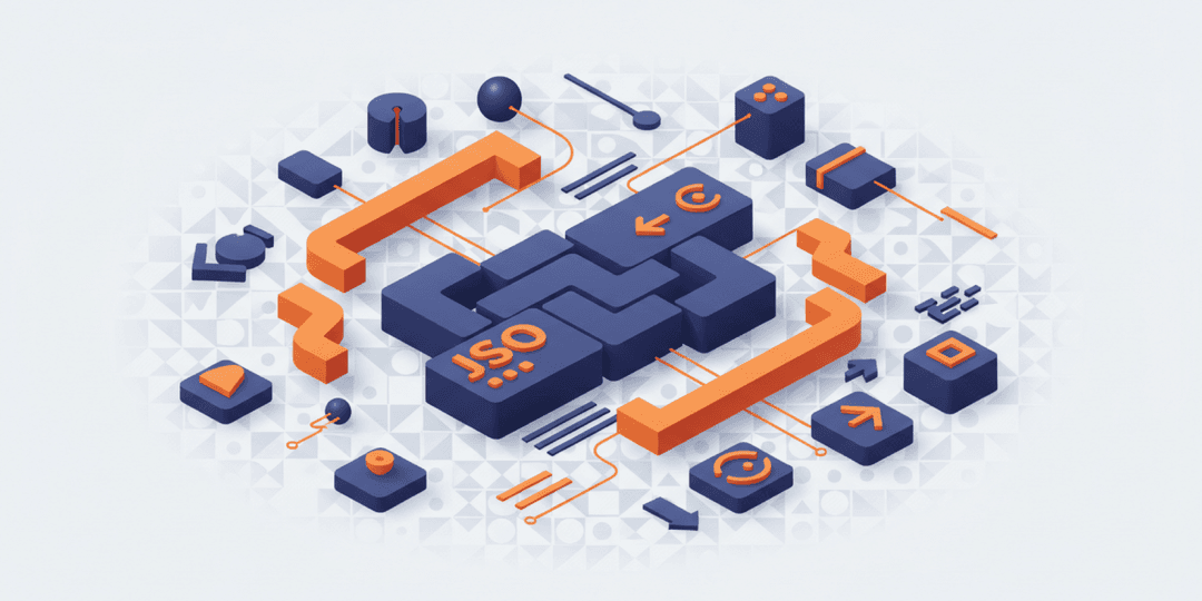 Isometric illustration of code blocks and schema markup structures connected by data paths