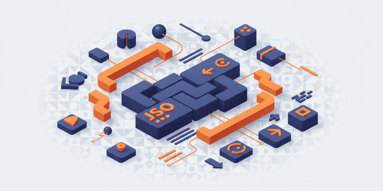 Isometric illustration of code blocks and schema markup structures connected by data paths