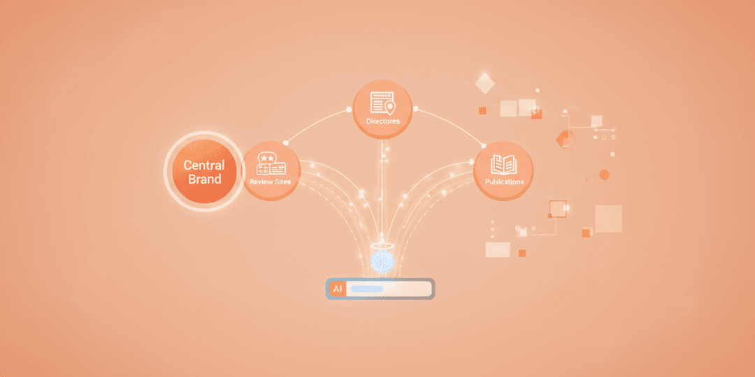 Illustration of a central brand hub radiating connections to directories and publications