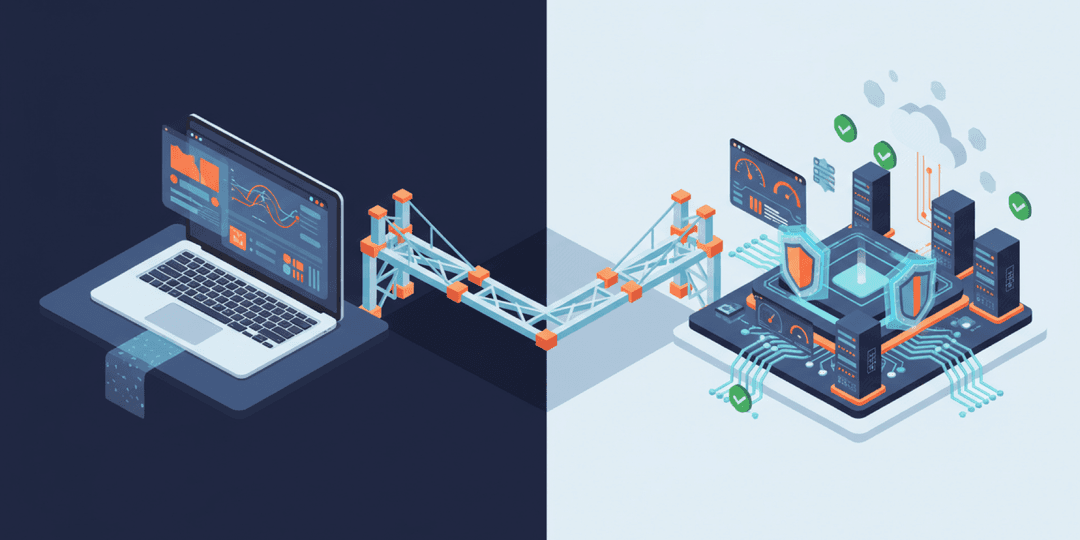 Isometric illustration of a laptop prototype connected by a bridge to fortified production infrastructure with security shields and servers