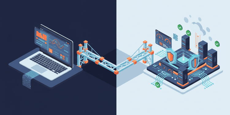 Isometric illustration of a laptop prototype connected by a bridge to fortified production infrastructure with security shields and servers