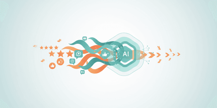Gradient mesh illustration of review stars and ratings flowing into an AI recommendation engine