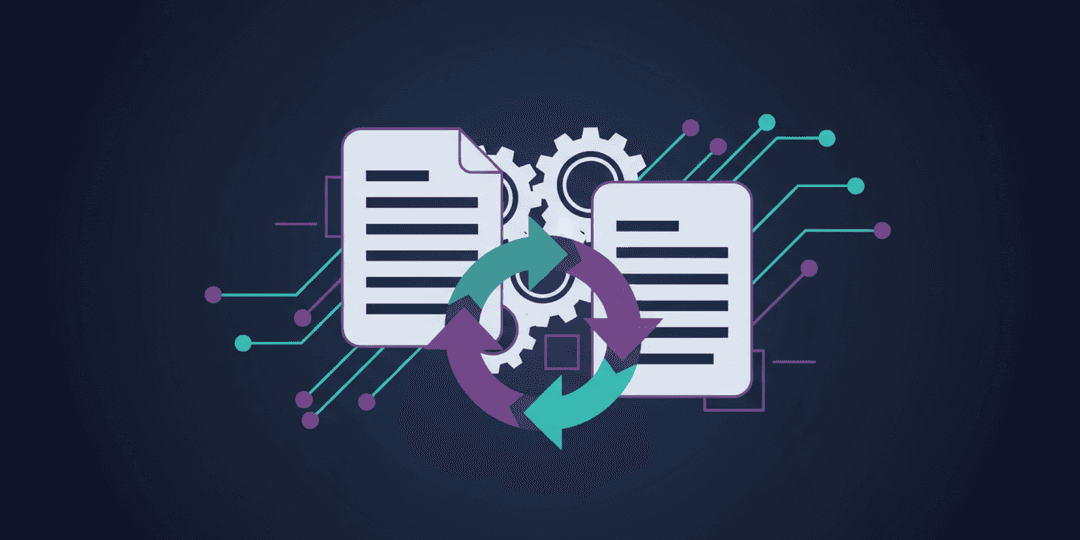 Abstract geometric illustration of documents with refresh cycles and gear mechanisms representing continuous AI requirements maintenance
