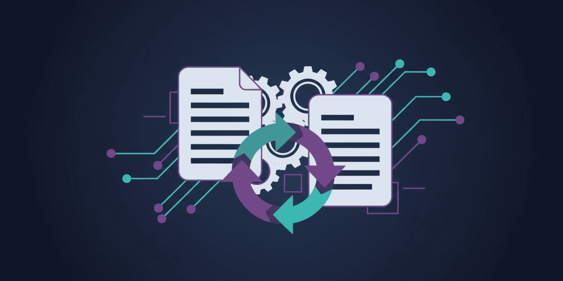 Abstract geometric illustration of documents with refresh cycles and gear mechanisms representing continuous AI requirements maintenance