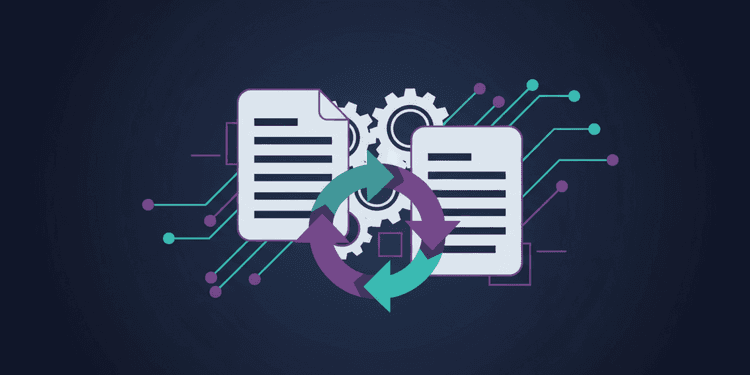Abstract geometric illustration of documents with refresh cycles and gear mechanisms representing continuous AI requirements maintenance