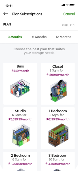 Historical Keepr mobile screen showing storage plans